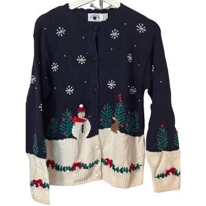 Vtg Women's Hartstrings Christmas Med Cardigan Sweater Snowman Winter Knit Note